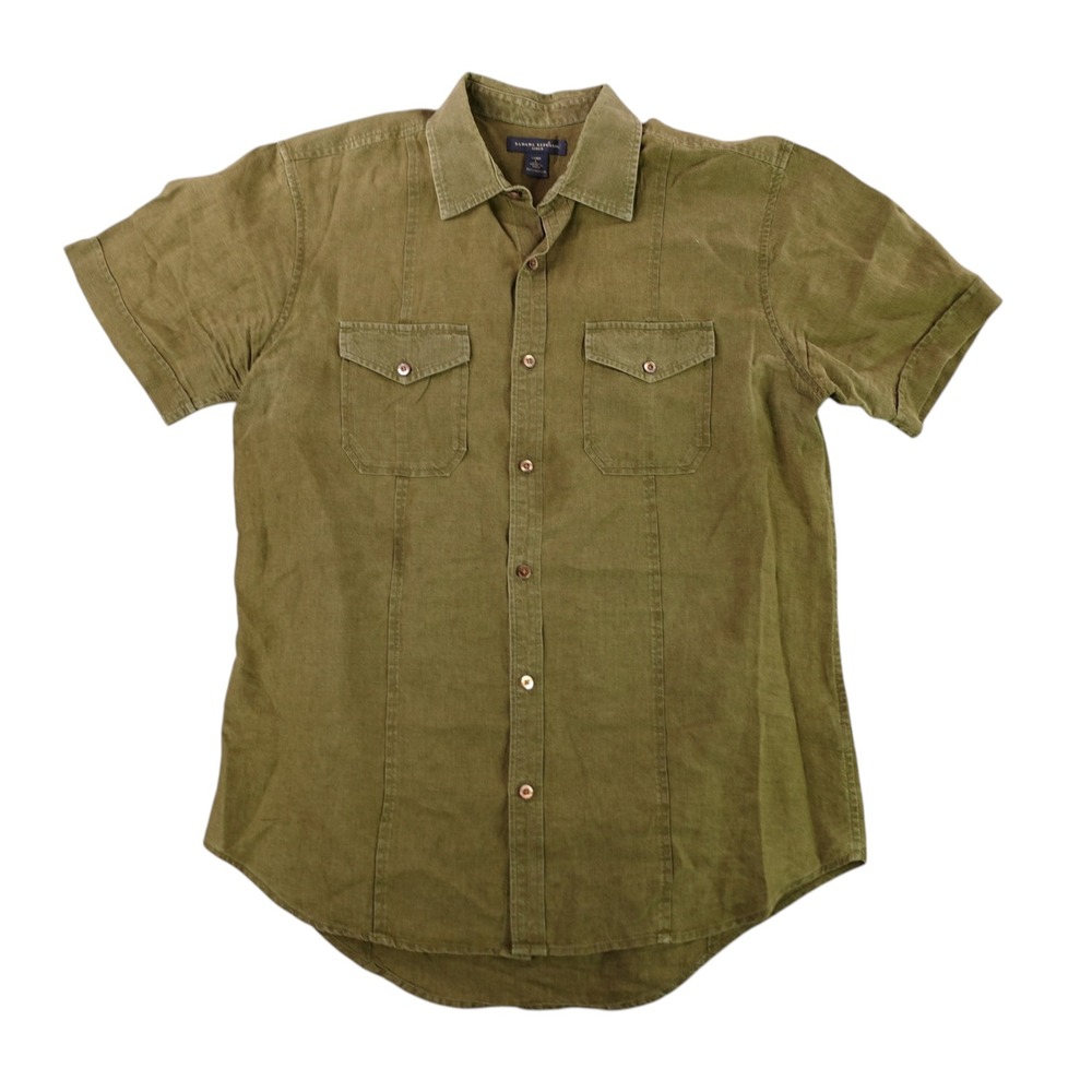 Banana Republic Shirt Mens L Green 100% Linen Short Sleeve Safari Utility Button